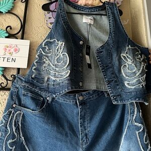 Fashion Nova Blue Denim Jeans suit with vest and pants with Embroidered Design.